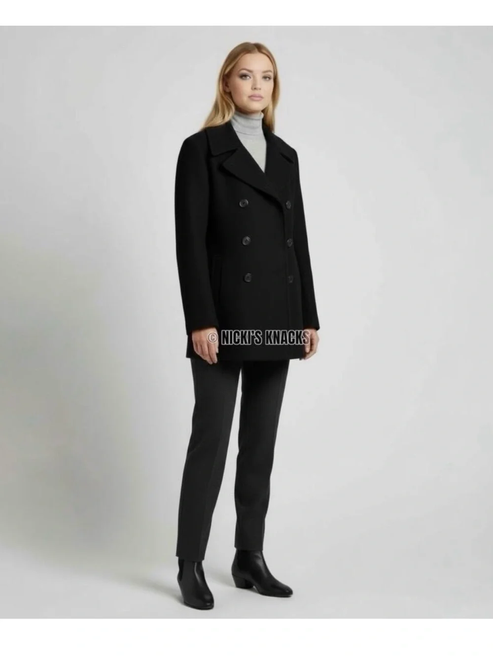 Calvin Klein Black Wool Cashmere Blend Double Breasted Peacoat Women’s Size L